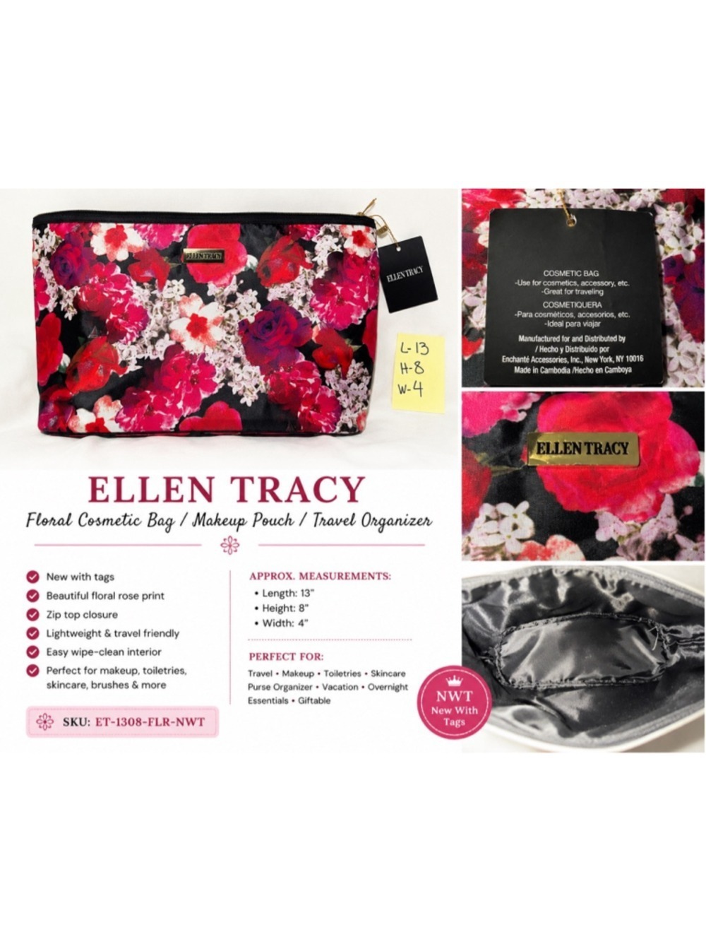 Ellen Tracy Floral Cosmetic Bag Makeup Bag Travel Toiletry Pouch NWT
